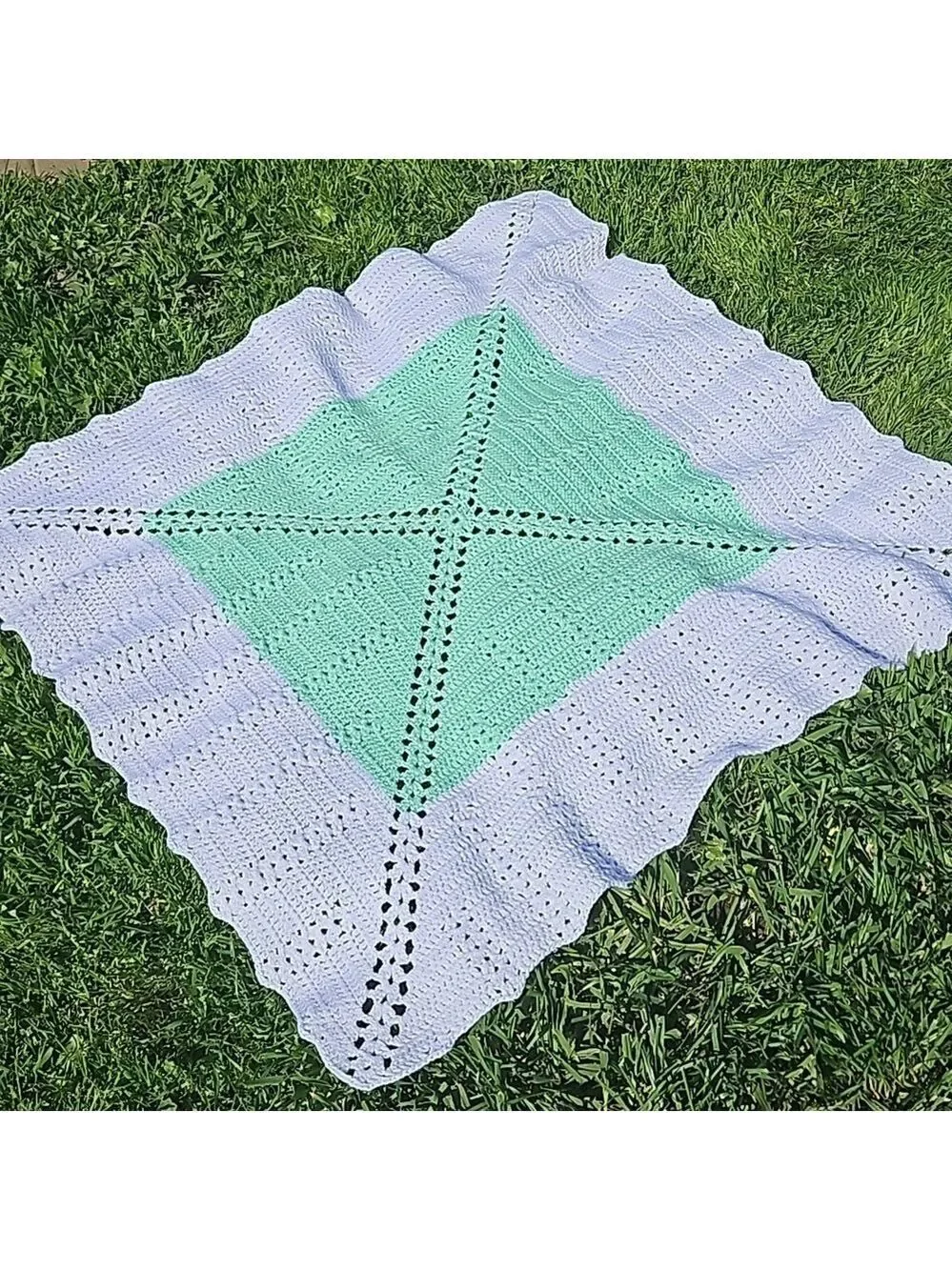 Handmade White Aqua Glitter Crochet Blanket Hand knit Grannycore Home Gifts 34